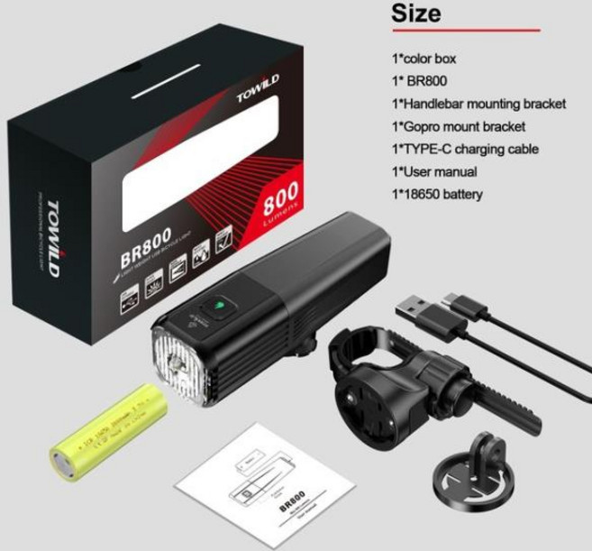 TOWILD BR800 자전거 라이트 C 타입 18650 2000mAh 배터리 교체 LED MTB 전면 램프 알루미늄 손전등, 01 BR800, 1개