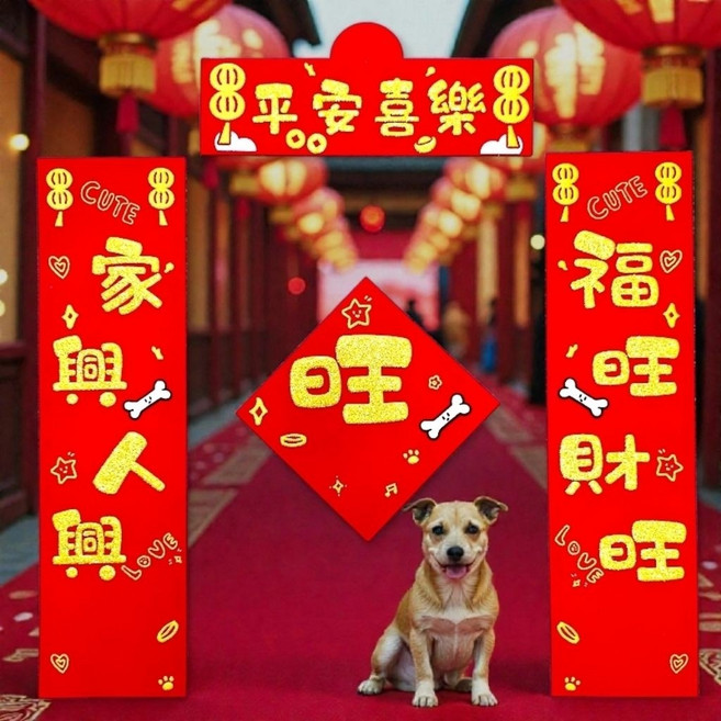 絨布寵物春聯 貓咪狗狗新年對聯, 1個, 春聯門聯組-直8*29橫5*18