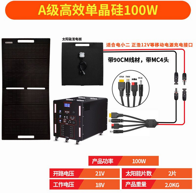 半柔性太陽能板 房車專用太陽能板 戶外露營12v電池板專用 100w 200瓦 24v光伏發電【宜好購物百貨甄選商鋪】, 1個, 100w2折疊板帶90cm線+MC4頭