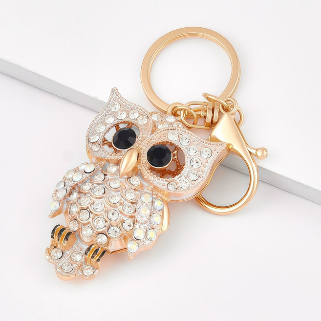 OFFCURVE 부엉이 큐빅 키링 재물 행운 열쇠고리 가방장식, 금색