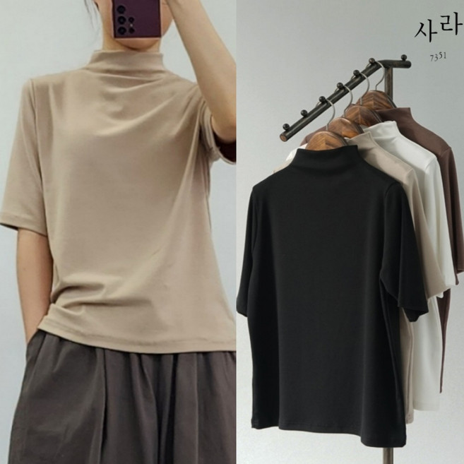 사라7351 여성 앙고라 면 모찌스판 반목 반팔 폴라 티셔츠