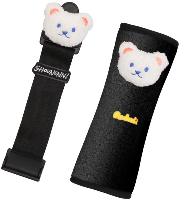 차량용 귀여운 캐릭터 안전벨트 조절 스토퍼 어깨 보호대 세트, 1세트, 화이트 베어