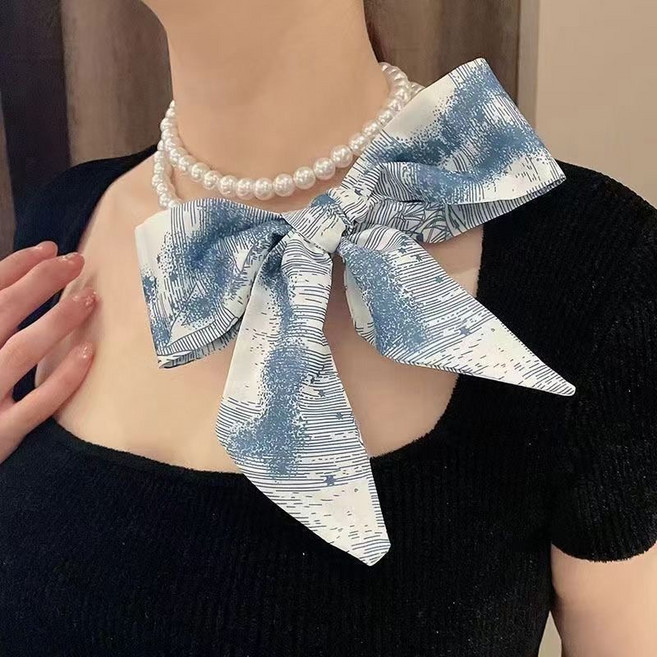 진주 장식 스카프 패션 리본 쁘띠 목걸이 코디 아이템