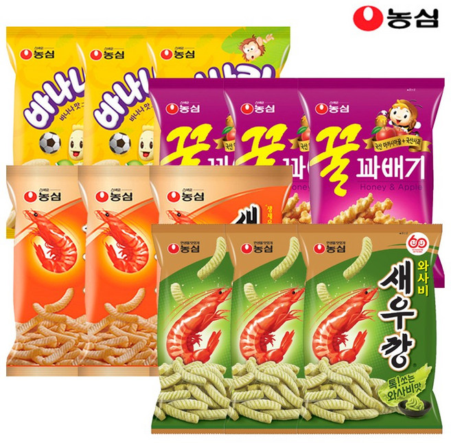농심 와사비새우깡3+새우깡3+꿀꽈배기3+바나나킥3, 농심 와사비새우깡3봉+새우깡3봉+꿀꽈배기3봉+바나나킥3, 60g, 12개