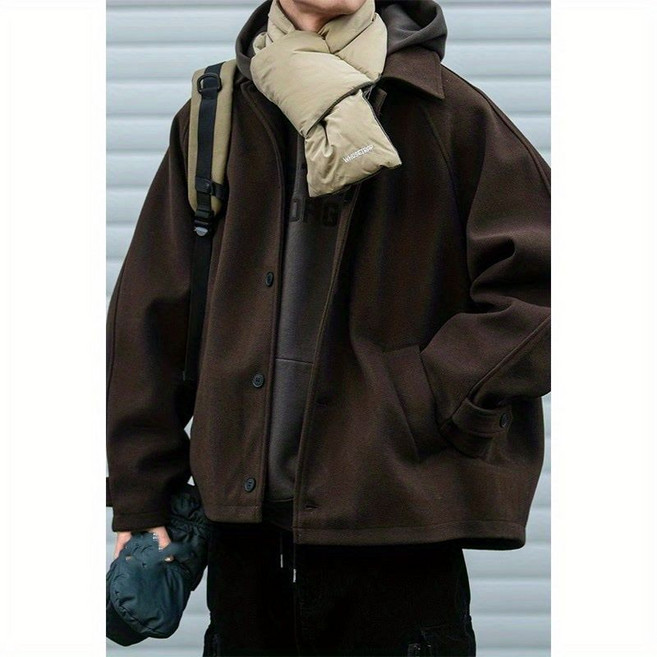 日系美拉德毛呢夾克男女秋冬季寬鬆復古翻領廓形大衣外套潮流