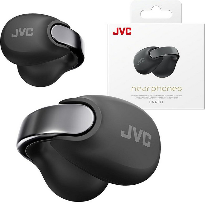 JVC Nearphones 오픈 이어 트루 와이어리스 헤드폰 - 이어버드 블루투스 5.3-24시간 재생 IPX4 방수 내장 마이크 인식 및 편안함 클립 HANP1T, 블랙
