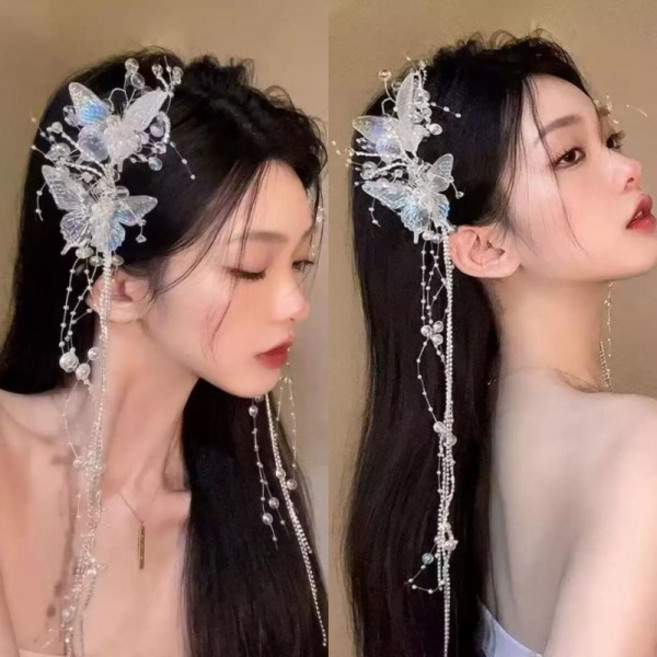 1개입 요정 기질 나비 장식 롱 태슬 헤어 클립 여성용 스윗 프린세스 패션 신부 악세사리