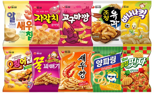 [다담] 농심 스낵세트 10종(새우깡+꿀꽈배기+오징어집+양파링+고구마깡+조청유과+벌집핏자+알새우칩+바나나킥+자갈치), 1개, 새우깡+꿀꽈배기+오징어집+양파링+고구마깡+조청유과+벌집핏자+알새우칩+바나나킥+자갈치
