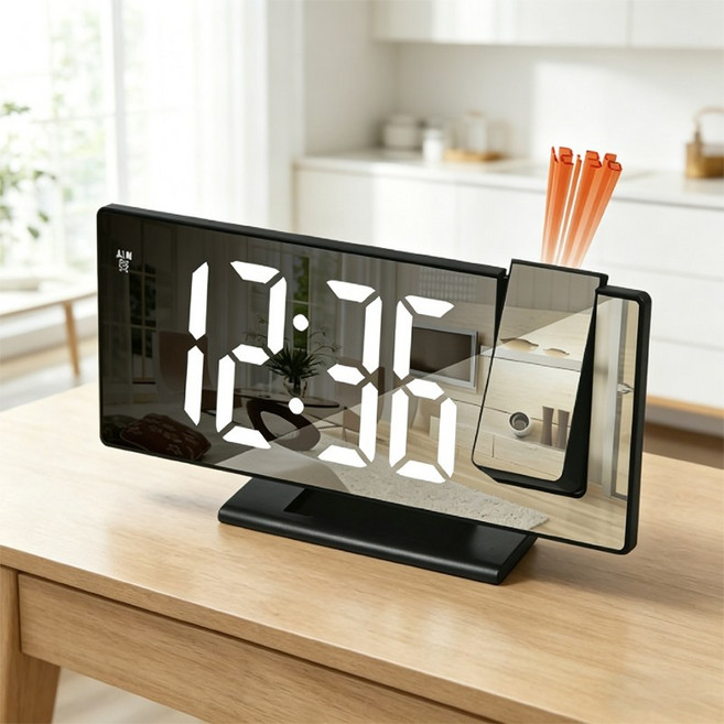 호밍사이 LED 알람 탁상 빔프로젝션 시간 무소음탁상시계 USB 전원 공급 탁상시계, 블랙