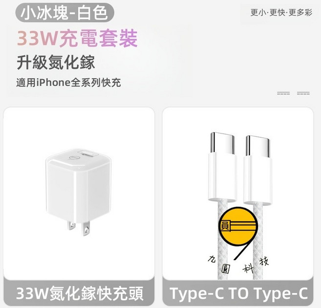 九圓科技 30W 氮化鎵 充電頭 升級氮化鎵 不傷電池不傷機 小冰塊 電源供應器 雙插頭 充電頭 充電器 充電頭 支援多種充電協議 快充線, 1個, 33W小冰塊-白色+灰色雙C編織線2米, 白色+灰色