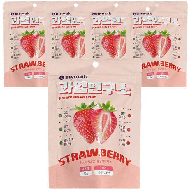 [식약처 등록] 묘약 과일연구소 동결건조 딸기 5팩 국산 건조과일칩 아이 영양 간식 딸기칩, 5개, 12g