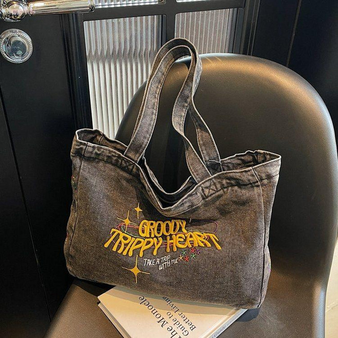 休閒帆布刺繡托特包 大容量單肩包