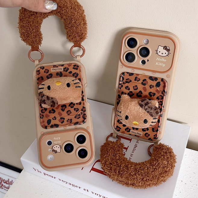 복우롱 카드수납 가능 귀여운 캐릭터 인형 스트랩 아이폰 케이스 레오파드 체크