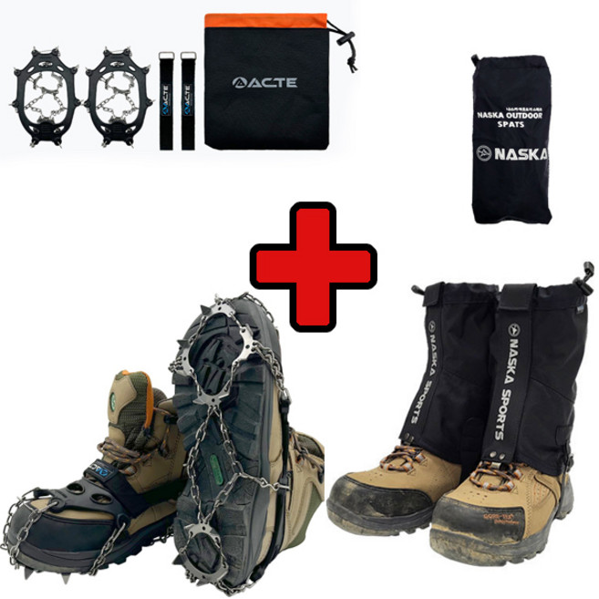 에이스샵_겨울 등산 아이젠+스패츠 1세트 / 남여공용 등산용 산행 각반 미끄럼방지, 스텐체인아이젠13P(M블루-파우치증정), 숏스패츠(오렌지+파우치증정)