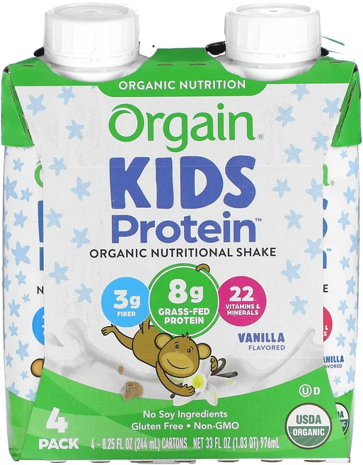 Orgain 어린이용 단백질 유기농 뉴트리셔널 셰이크 바닐라 맛 4팩 각 244ml(8.25fl oz), Orgain어린이용단백질유기농뉴트리셔널셰이크바닐라맛4팩 - 쿠팡