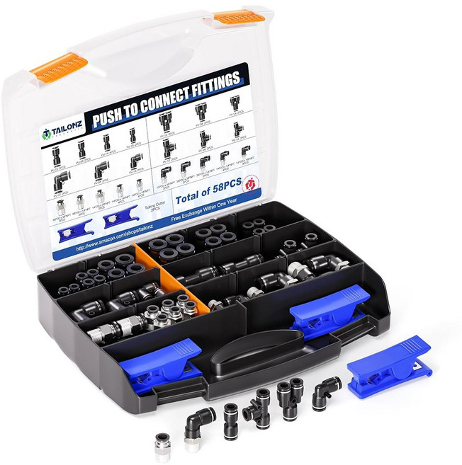 테일론즈 공압 1/4"3/8"1/2"1/8" 블랙 푸시로 연결 피팅 에어 호스 피팅 나사산 키트 나일론 튜브 PU 및 기타 키트 팩 58 에 적합합니다, 1/4"3/8"1/2"1/8"OD/58PCS, Blue