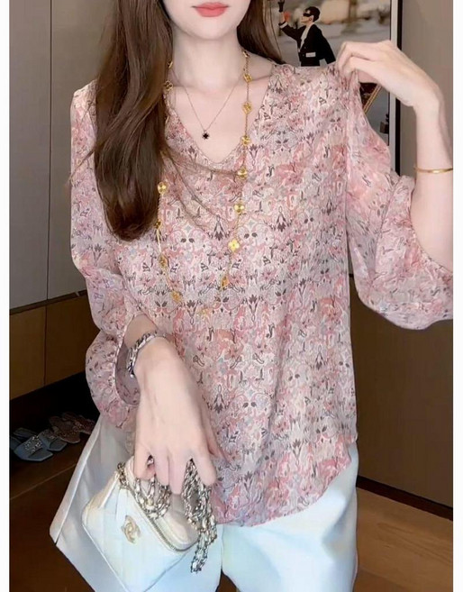 超值 法式碎花領七分袖襯衫女夏季洋氣寬鬆薄款上衣服 副廠產品