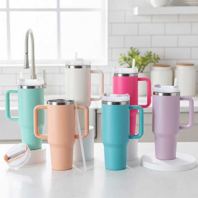 FOCUS 대용량 텀블러(스텐빨대포함) 1.25L 이중진공 빨대 보온 보냉 스텐 콜드컵, 1개, SITARAYURI손잡이텀블러-블랙, 1250ml