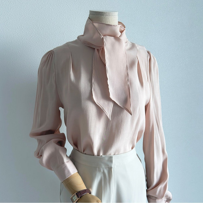 타이 블라우스 스카프 하이넥 오피스룩 하객룩 퍼프소매 화이트 핑크 그레이 블랙