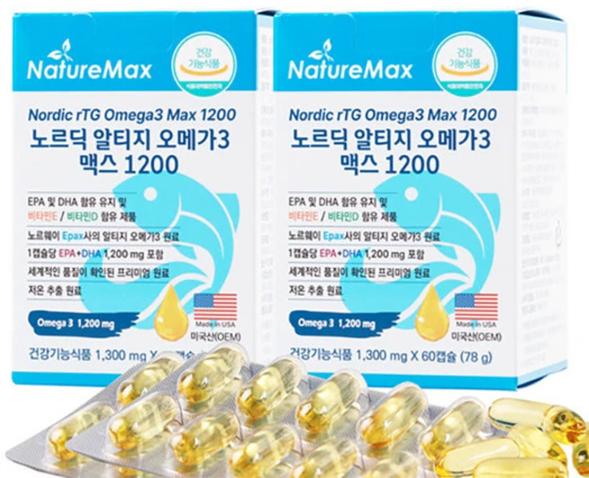 냄새없는 노르딕 알티지 오메가3 맥스 1200 역대급 DHA+EPA 1200mg (180년 전통의 노르웨이 EPAX 원료), 60회분, 2개 - 쿠팡