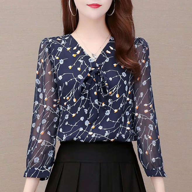 슬림소녀 여성 봄가을 패션 브이넥 블라우스 기질 슬림핏 플라워 캐주얼 쉬폰 셔츠