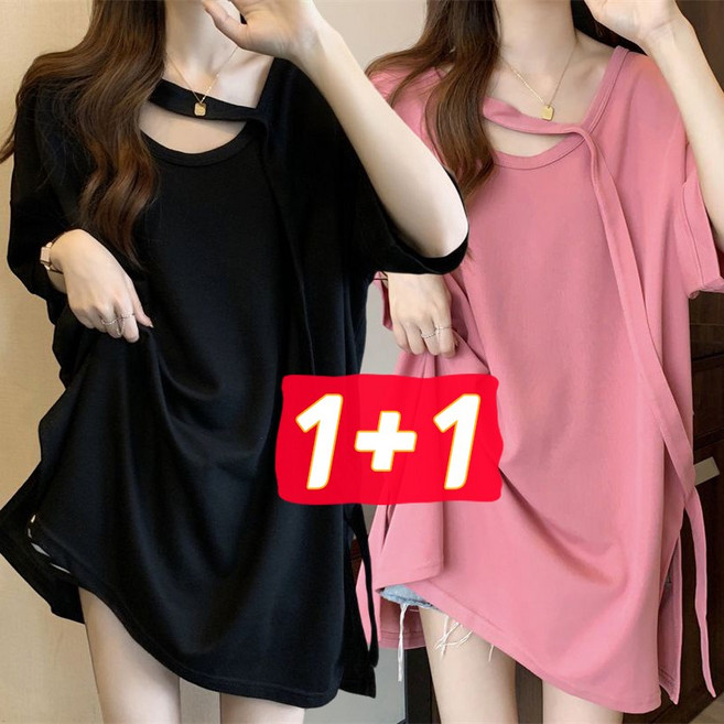 1+1 여자 트임 반팔 티셔츠 여름 패션 언발티 펀칭티 루즈핏 롱티 빅사이즈 원피스