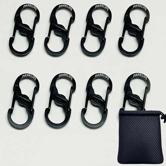 파크라이프 고강도 양방향 미니 스텐 카라비너 도난방지 잠금장치 + 파우치 1개, 1세트, 블랙8개