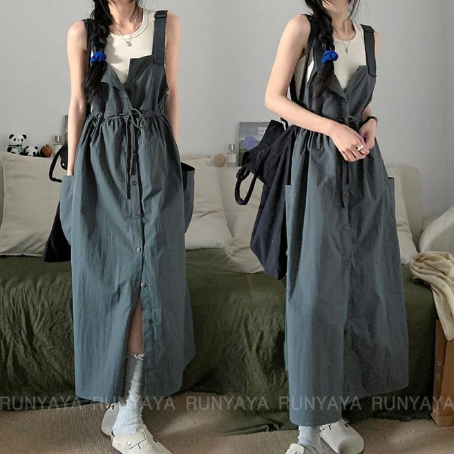 민소매 여성원피스 빅사이즈 캐주얼 허리 조임 날씬해 보이는 카고 멜빵 스커트 스트링 원피스 롱 치마 여자 D99U