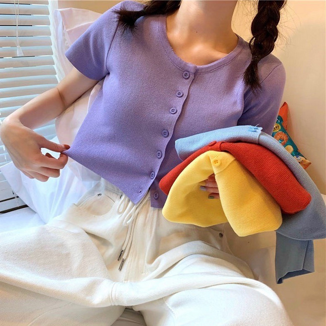 【MDMS】多色可選短袖針織衫 短款純色打底衫露肚臍上衣 慵懶風開衫韓版修身女裝網紅