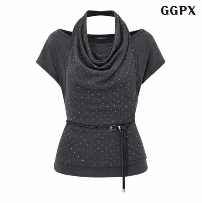 GGPX 여성용 데일리 도트 레이어드 배색 벨티드 반팔 티셔츠 GQBLW033D