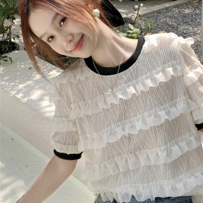 패션 여성 반팔티 프렌치 라운드 레이스 블라우스 슬리 반팔 티셔츠 여름 여자 반팔 상의 YJW