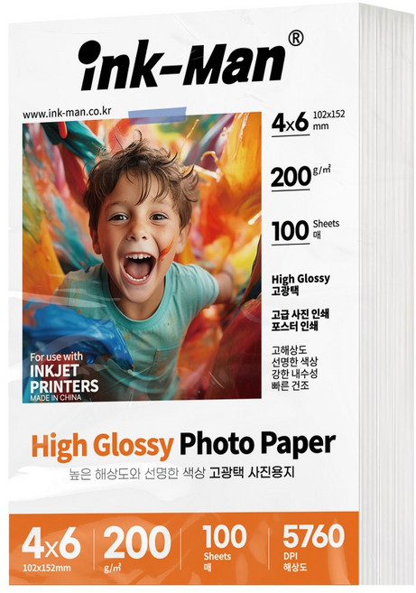 잉크맨 고광택 사진 인화지 포토페이퍼 포토용지 200g, 4X6 100매