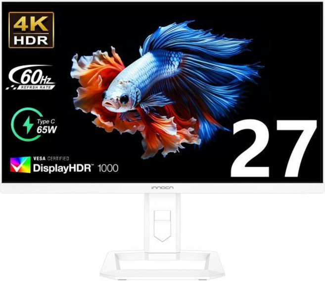 INNOCN 27인치 미니 LED 4K 모니터 HDR1000 DCI-P3 99% sRGB 10억 7천만 색상 IPS 패널 USB-C HDMI 2.1 DP 스피커, 27 Inch_2160P 60Hz | White
