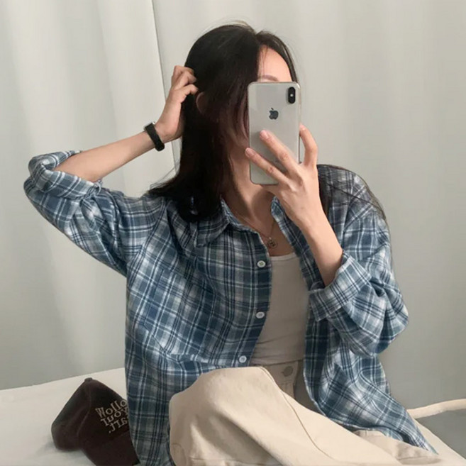 라라홀리 데일리 웜톤 빈티지 체크 스트릿 긴팔 하프 셔츠