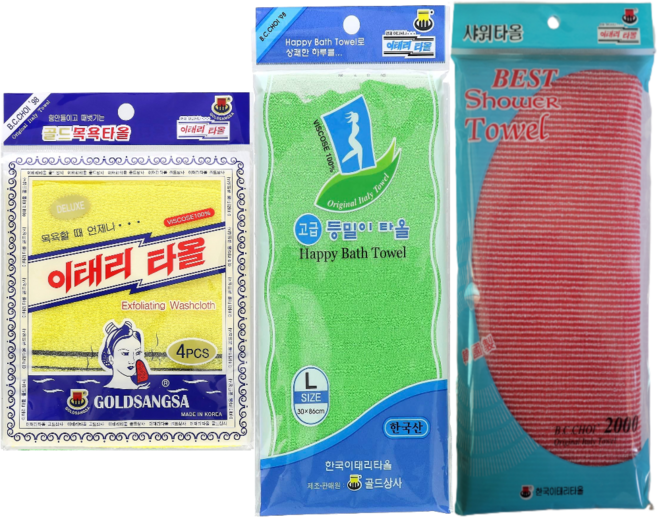 국내산 이태리 타올 4매 / 골드상사 목욕타올/이태리타올 / 목욕타올/국내생산, 옐로우+등밀이L+샤워타올, 4개, 1개입