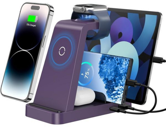 iPhone용 무선 충전기 - 여러 장치용 5 in 1 충전소 Apple: iPhone 17 16e 16 15 14 13 12 Pro Max Apple Watch AirPod용, Purple, 1개