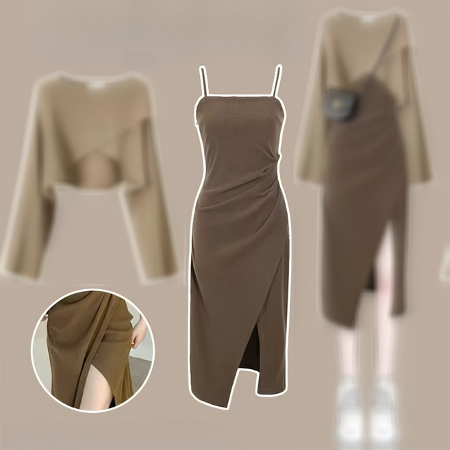 해피유통 나시 원피스 세트 추동 숏 스웨터 앞트임 미디 투피스 GJL002