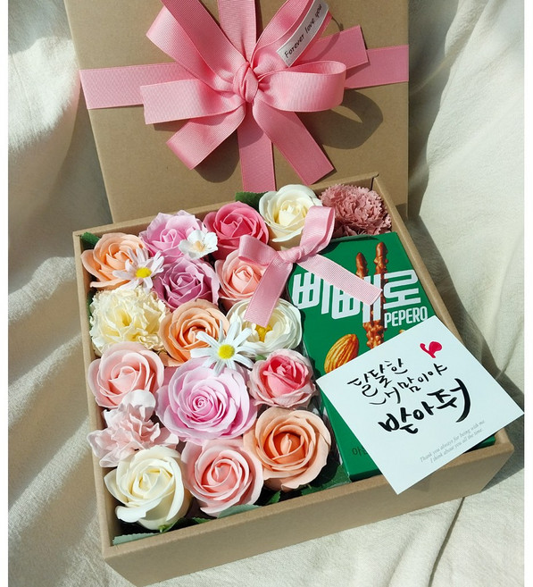 (캘리문구제작) 빼빼로데이 선물 세트 빼빼로 초콜릿 여자친구꽃 플라워 박스 장미꽃, 박스+리본장식