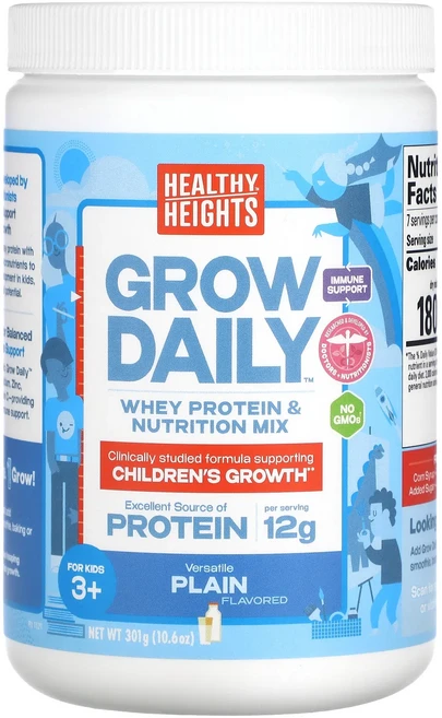 몸관리하세요 겨울입니다 Healthy Heights 그로우 데일리 유청 단백질 및 영양 믹스 만 3세 이상 어린이용 플레인 301g(10.6oz) 특별관리진행, HealthyHeights그로우데일리유청단백질및영양믹스, 301g, 1개 - 쿠팡
