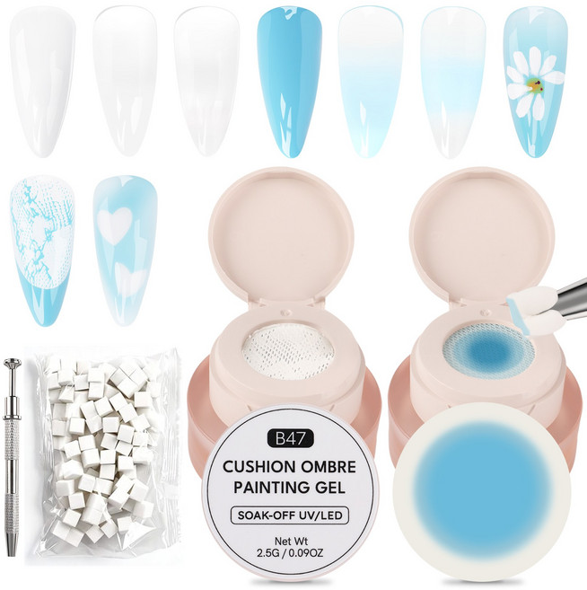 2색 쿠션 패팅 젤 키트 | UV LED 오라 젤 네일 아트 세트 (픽업 펜+100스펀지), 1개, 2.5g, 화이트 + 블루+두부 스펀지 100개 + 네일 집게