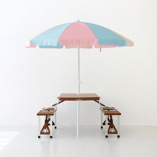 마켓비 로밀 파라솔 + 캠폴 야외 의자일체형 접이식테이블 4인세트, 핑크(파라솔), 브라운(테이블)