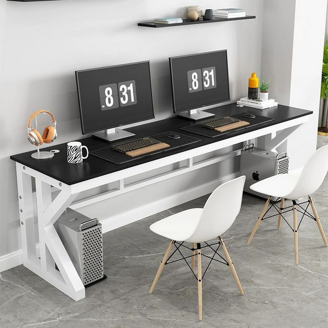 2인용 게이밍 책상 조립식 사무용 노트북 서재 컴퓨터데스크 아우스 기본형 컴퓨터, 블랙+화이트 프레임