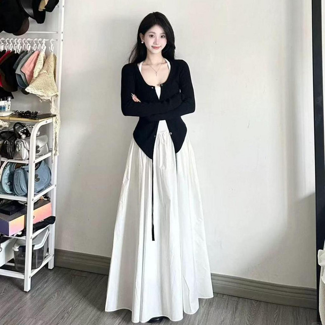 法式茶歇風白色吊帶連衣裙女夏季收腰顯瘦長裙子, 黑色開衫 單件 ,S 40.0-50.0公斤, 黑色
