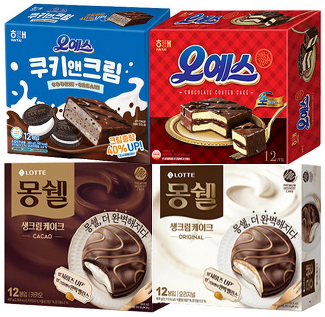 오예스 쿠키앤크림360g(1개)+오예스360g(1개)+몽쉘 크림408g(1개)+몽쉘 카카오408g(1개)/ 총4개, 1개, 360g
