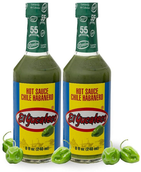 El Yucateco 멕시코 소스 엘 유카테코 그린 핫 진한 맛과 칠레 하바네로 정통 살사 타코와 마리네이드에 완벽한 슈퍼 매운 조미료 2팩 8액량온스