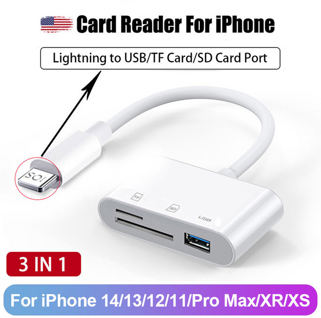 in SD 카드 리더 USB 허브 for 아이폰 호환 아이패드 맥북제품 라이트닝 C타입 to TF 메모리 플래시 드라이브 OTG 어댑터, 3 IN 1 Lightning, 1개