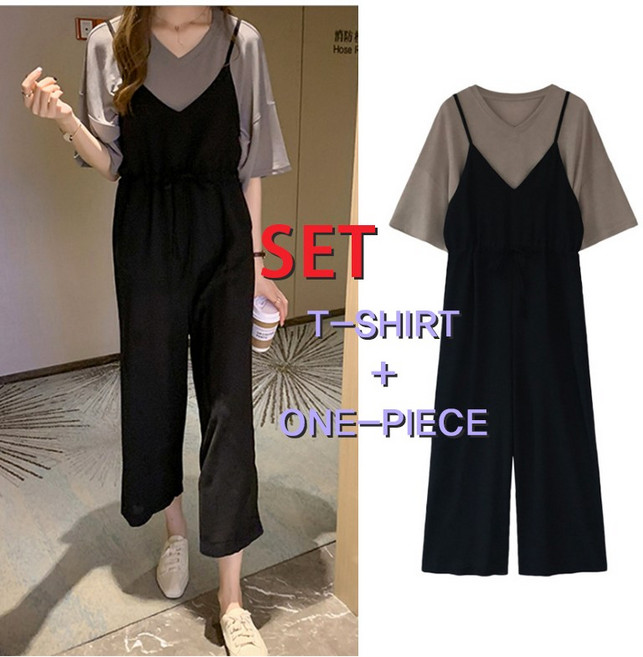 스타일아유 여성 점프수트세트 루즈핏 여성의류빅사이즈 여름 미시 브이넥 박스티 멜빵바지 세트[ AYG6SE0017]