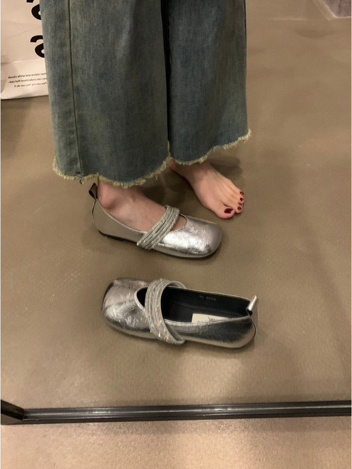 [ 免運]瑪莉珍鞋 娃娃鞋 小方頭 軟皮淺口奶奶鞋 水鑽帶芭蕾風瑪麗珍鞋春秋方頭淺口百搭平底法式溫柔單鞋, 銀色,37