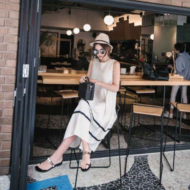 大碼寬鬆黑色無袖長裙 夏季連衣裙 韓版日系風格, 白色 【優質面料】,3XL 【建議87.5-100.0公斤】, 白色