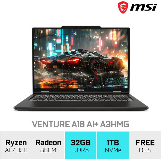 MSI 벤처 A16 AI+ A3HMG-R7 2K OLED AMD Ryzen AI 7 350, Free DOS, 32GB, 1TB, 블랙